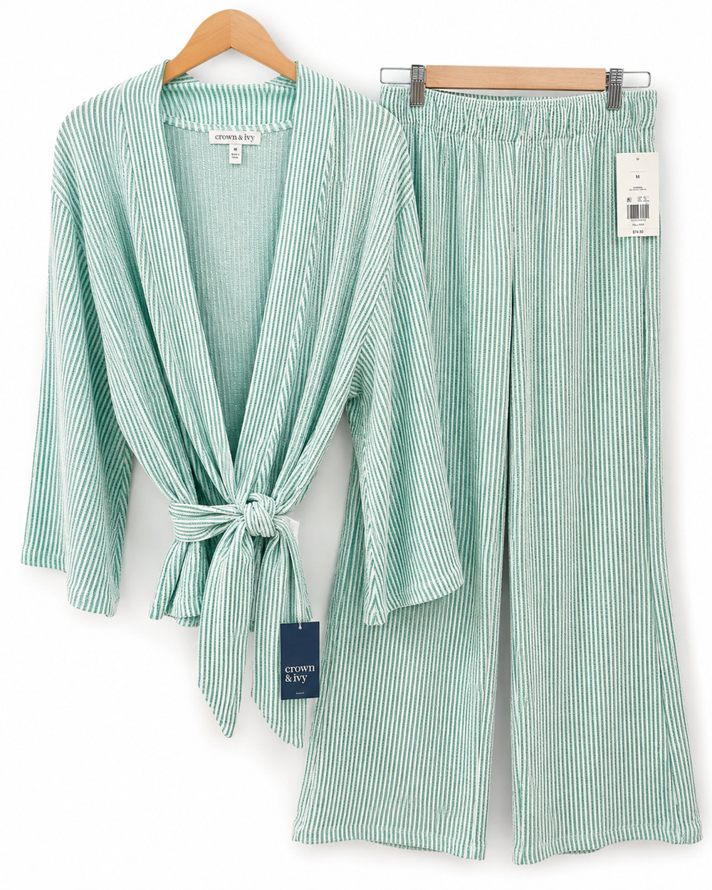 Crown & Ivy Women's Medium Green Stripe Tie Front Top Wide Leg Pants Set NWT